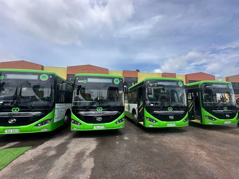 A lineup of green Volcano Express electric city buses